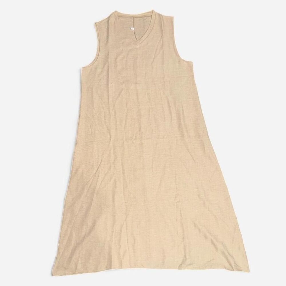 Tan Linen and Cotton Sleeveless Midi Dress with V-Neck, Size Large